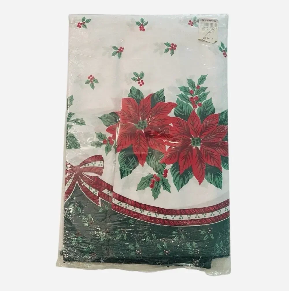 Vintage Christmas Red White Green Tablecloth With Poinsettias Holly 60x102”
